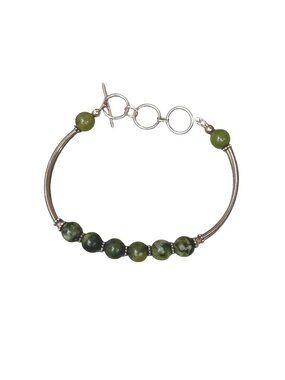 Vintage Connemara Marble Green Stone & Sterling Silver Beaded Bracelet 7"